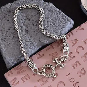Aeropostale  1PC Silver Plated Retro Cross Horseshoe Clasp Cuban Chain Bracelet - November Birthstone for Daily & Gift Occasions