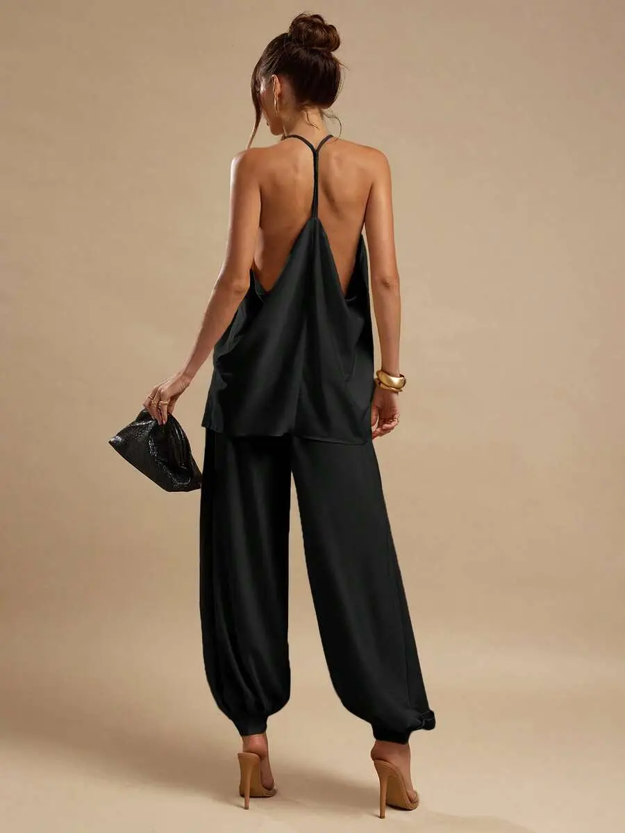 Auraquor Ginger Yellow Draped Neck Backless Satin Elegant Blouse For Women, Suitable For Outings, Brunch, Summer, Weddings, Honeymoon, Beach,Summer Top