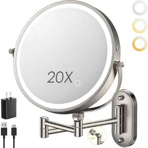 9" Wall Mounted Lighted Makeup Mirror,4000mAh Rechargeable Double Sided 1X/20X Magnifying Mirror with Light,Touch Dimmable,Extended Arm 360 Rotation Wall Mounted Makeup Mirror 3 Color Lights-N