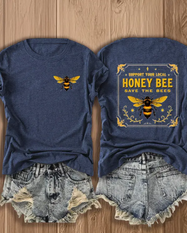 Double Sided Support Your Local Honey Bee Save The Bees Vintage Frame Print Women's Heather Blue Casual Short Sleeve Environmental Nature T-Shirt