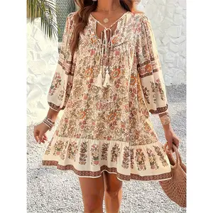 Ethnic Floral Print Tie Neck Dress, Vacation Style 3/4 Sleeve Ruffle Hem Boho Dress, Women's Clothing