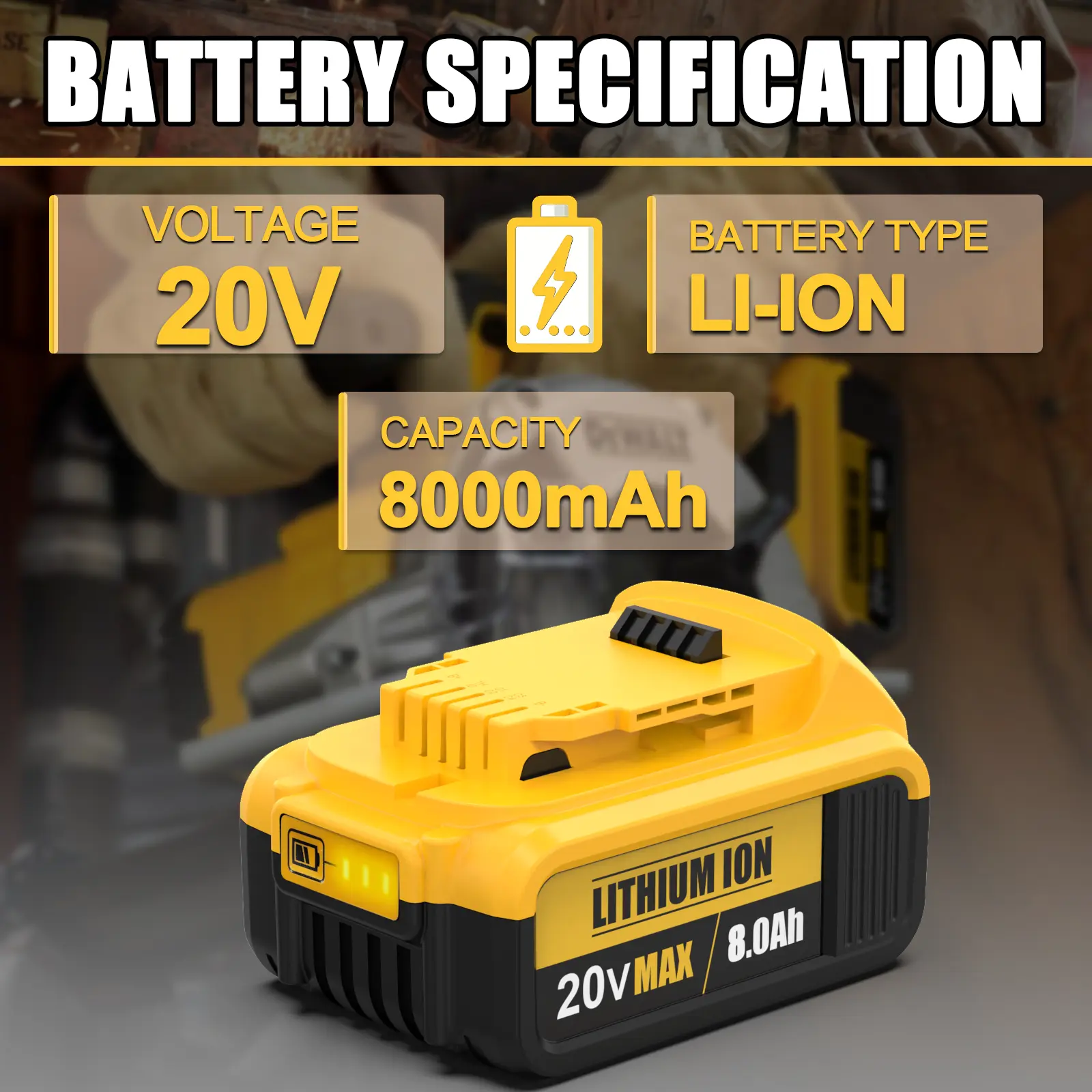 8.0MAh Replacement Batteries with Indicator for Dewalt 20V Lithium-Ion MAX DCB200 DCD/DCF/DCG/DCS Series