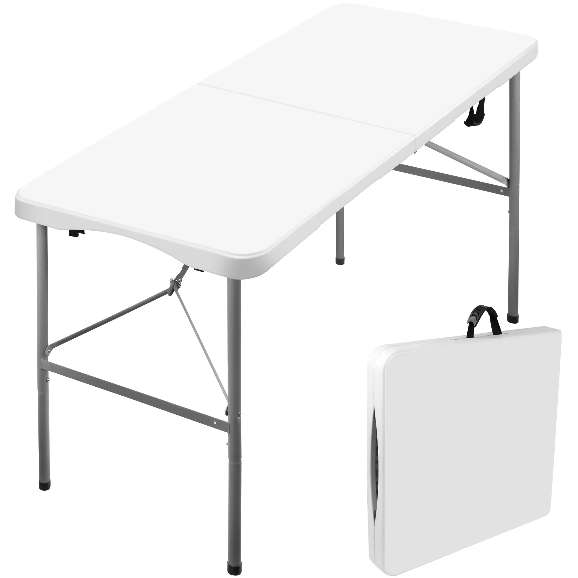 4FT Plastic Fold-In-Half Folding Table - Outdoor Patio Furniture, Picnic Dining Table, Heavy Duty Indoor-Outdoor Use, Height-Adjustable, Sturdy, Portable, With Handle & Lock, White, Fully Assembled, Easy Storage, Versatile