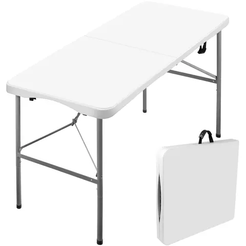 4FT Plastic Fold-In-Half Folding Table - Outdoor Patio Furniture, Picnic Dining Table, Heavy Duty Indoor-Outdoor Use, Height-Adjustable, Sturdy, Portable, With Handle & Lock, White, Fully Assembled, Easy Storage, Versatile
