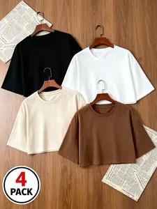 4 Pack Womens Oversized Half Sleeve Crop Tees 2026 Trendy Fashion Crew Neck Drop Shoulder T Shirts Casual Loose Fit Basic Tops Minimalist Streetwear for Summer Daily Going Out Loungewear Soft Comfy Solid Color Tops Multiple Colors Available