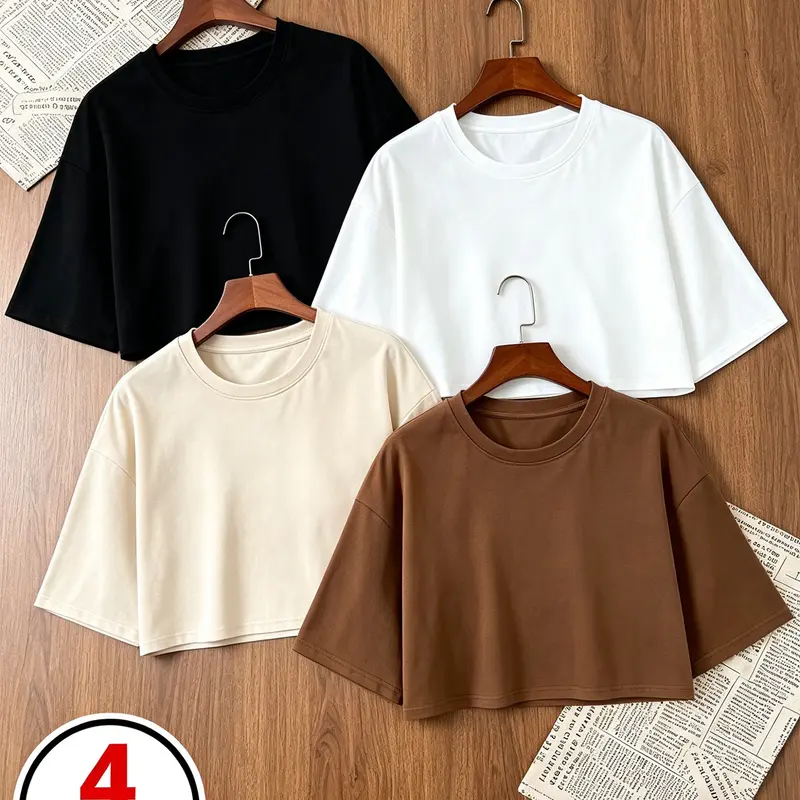 4 Pack/1 Pack Womens Oversized Half Sleeve Crop Tees 2026 Crew Neck Drop Shoulder T Shirts Casual Loose Fit Basic Tops, Casual Cropped Top, Streetwear for Summer Everyday Daily Going Out Loungewear Soft Comfy Solid Color Tops Multiple Colors Available