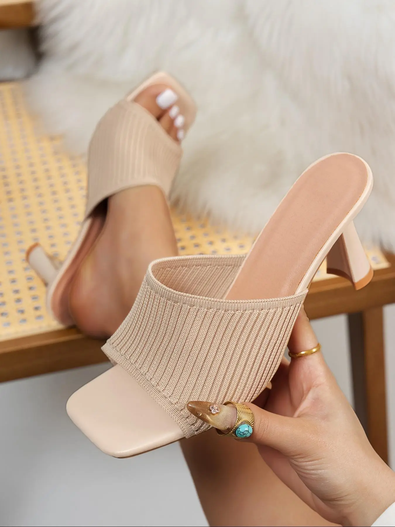 Women's Solid Color Knitted Design Stiletto Sandals, Fashionable Open Toe High Heel Sandals for Summer, Lightweight Breathable Comfortable Shoes for D