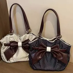 Trendy Fashion Large Capacity Polka Dot Bow Decor Bag, Handheld Shoulder Bag, Stylish Women's Accessory, fashionable patterned bag, Perfect for Daily Use, PU Leather Bag