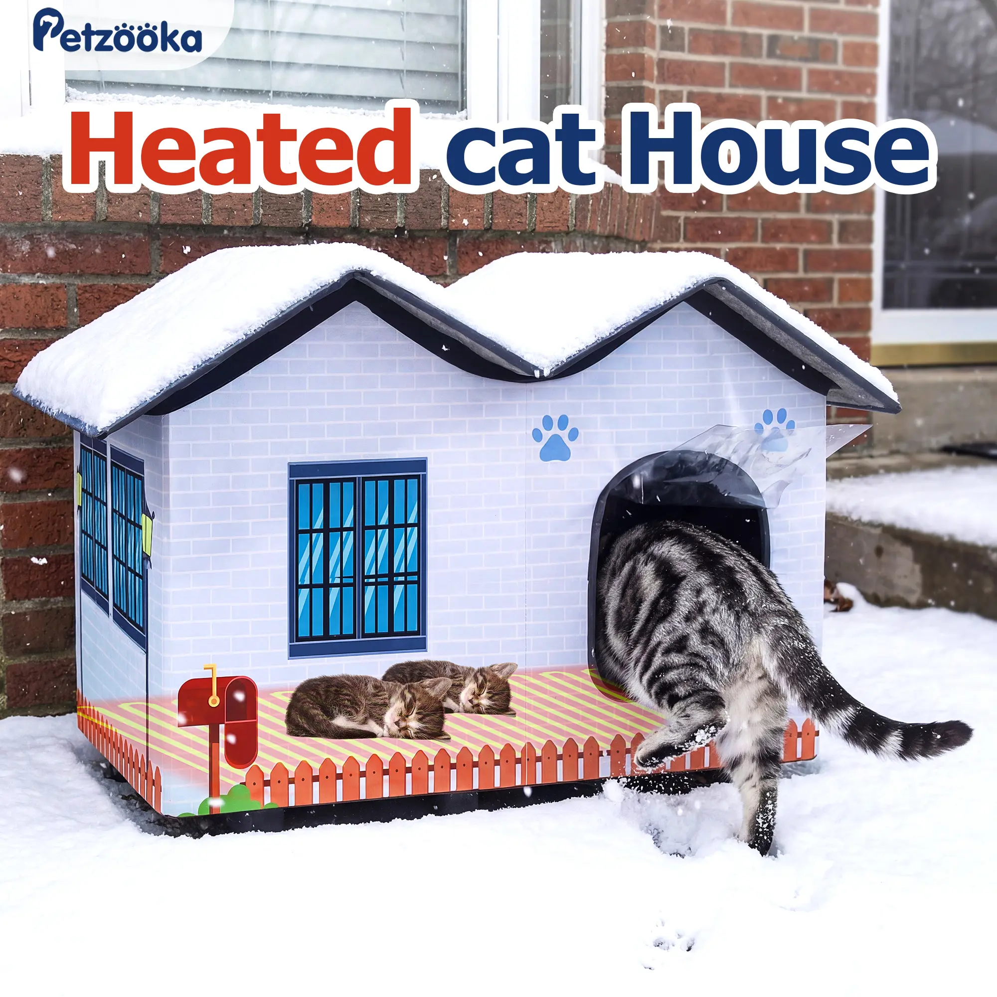 PETZOOKA Premium Quality Elevated Heated Cat House - Felt, Detachable Waterproof Cover, Insulation Layer, Automatic Temp Control, Engineered Wood, Heated Pad, Non-Slip, Tear Resistant, Easy Assembly for Indoor/Outdoor Feral Cat Shelter