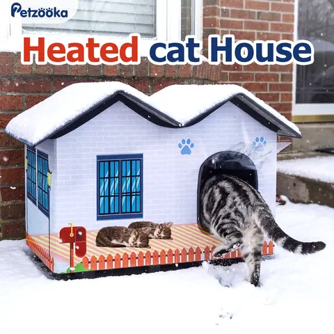 PETZOOKA Premium Elevated Heated Cat House - Felt, Detachable Waterproof Cover, Insulation Layer, Automatic Temperature Control, Engineered Wood, Heated Pad, Non-Slip, Tear Resistant, Easy Assembly for Indoor/Outdoor Feral Cats, Heating Pad, Classic