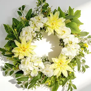 22 Inch Summer Wreath for Front Door, Spring Floral Wreath with Yellow Dahlia and White Hydrangea, Suitable for Porch Outdoor Indoor Window Farmhouse Decor