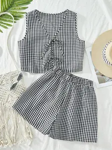 Women's Plaid Print Tank Top & Shorts Two-Piece Set, Casual Sleeveless Top & Shorts for Summer, Ladies Clothes for Daily Wear