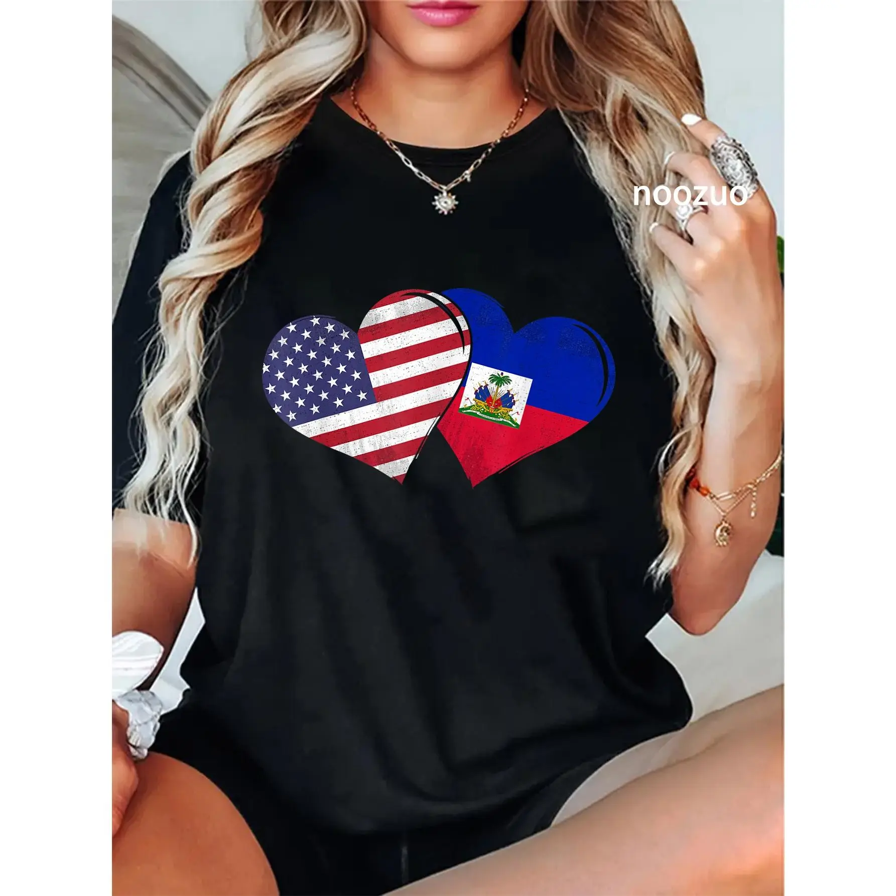 Women's Casual Fit Shirt with Cute Haitian-American Heart Flags, Distressed Look, Short Regular Sleeves for Everyday Wear