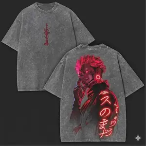 Men's Ryomen Sukuna Jujutsu Kaisen Oversized Washed Heavy Cotton Neon Red Round Neck Short-Sleeve Ribbed Soft Fabric Double-Sided Graphic Tee, Anime Collector Essential Aesthetic Apparel