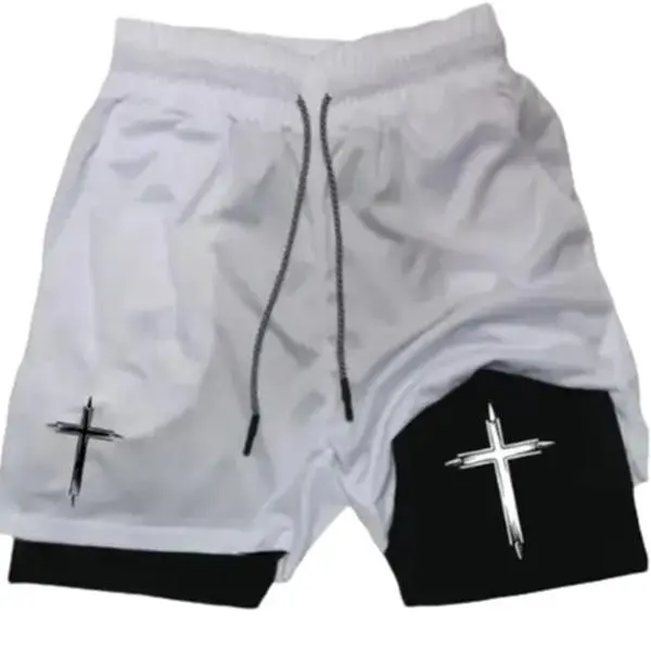 Crucifixion Cross Shorts Print 2-in-1 Athletic Shorts Black Unisex Sports Double-Layered Inner Shorts Drawstring Design Men Women Basketball Shorts Pocket