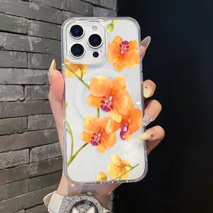 Magnetic Protective Case for iPhone 16 E Pro Max 15 Plus 14 13 12 11 XS XR, Aesthetic Orange Orchid Watercolor Design | Shockproof, Silicone, Lightweight, Scratch Resistant, and Girly