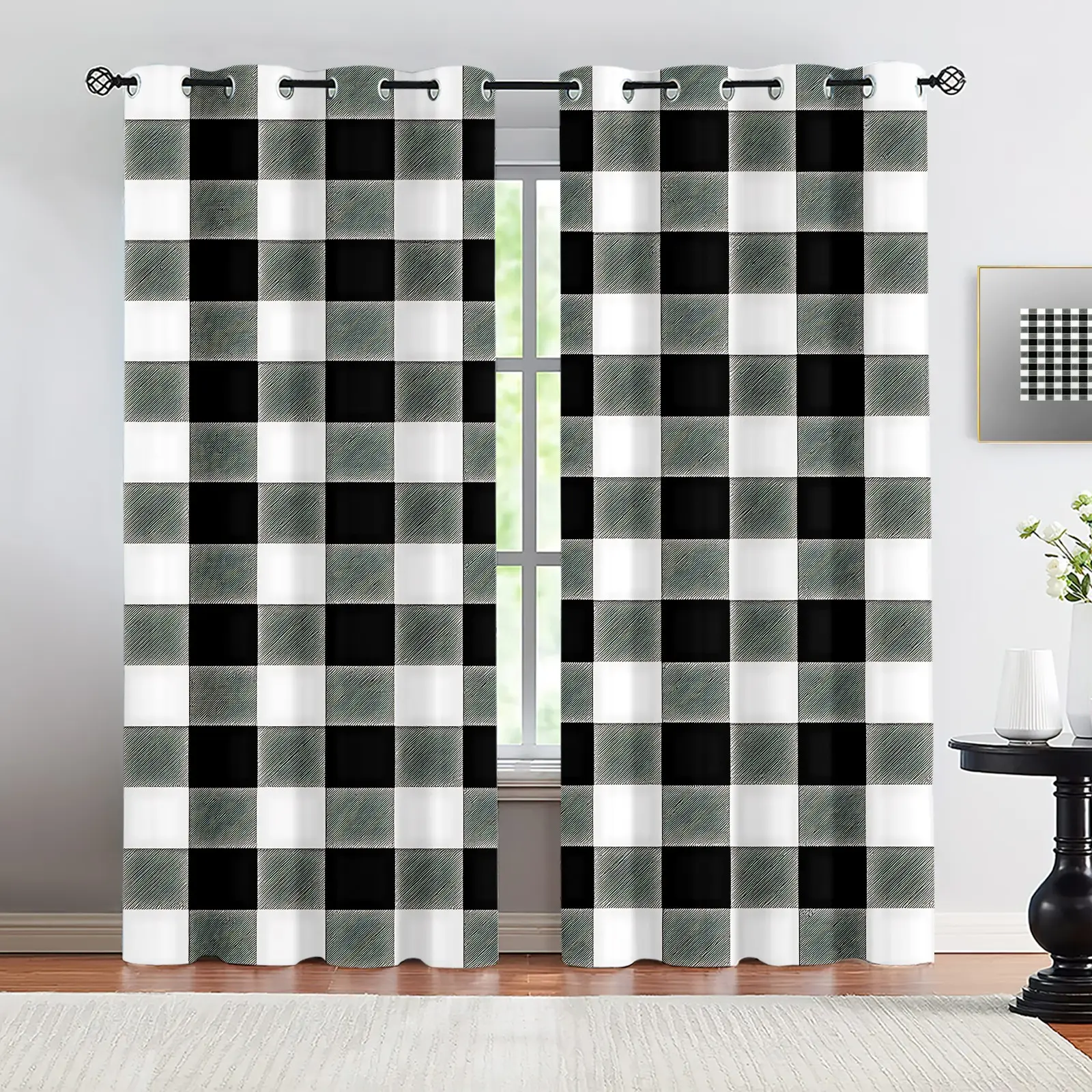 Nordic Style Black White Plaid Blackout Curtains, Retro Buffalo Check Printed Window Drapes, Minimalist Versatile Thermal Insulated Curtains for Living Room Bedroom, 2 Panels