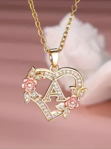Golden White Synthetic Zirconia Heart-Shaped Letter Rose Golden Flower Necklace for Women, Fashion Pendant Valentine's Day Gift Wife Necklace