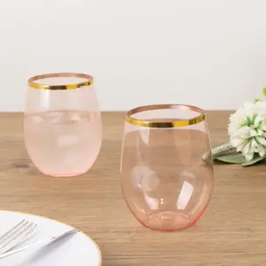 12-Pack Plastic Stemless Wine Glasses 12oz, Transparent Blush with Gold Rim - Reusable Tumblers for Events