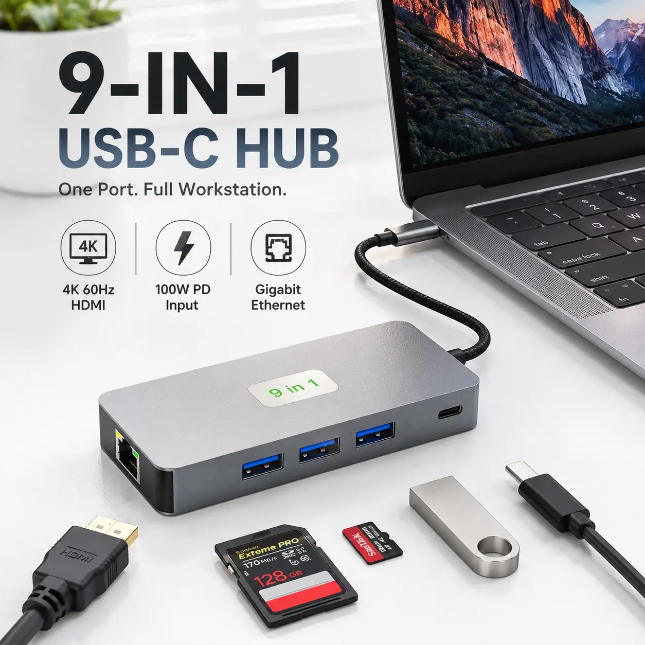 9-in-1 USB C Hub, 4K 60Hz HDMI Multiport Adapter with 100W PD Input, Gigabit Ethernet, 3 USB 3.0 Ports, SD & microSD Card Reader for Laptop, Tablet & USB-C Devices