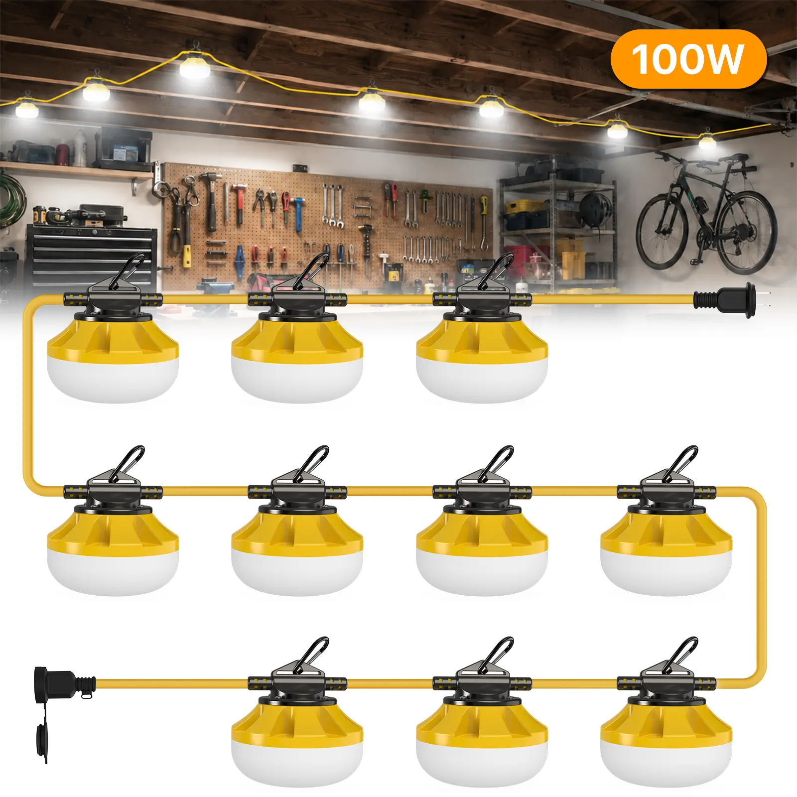 LUMENFOX Industrial Electronic LED Construction String Lights - 50FT/100FT, 5/10 Bulbs, Sturdy Wire, Climbing Hooks, IP65 Waterproof Linkable Work Lights for Job Site Attic Renovation, Outdoor Use, Holiday Gifts