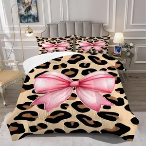 2/3Pcs Soft Bubblegum Pink Hair Bow Comforter Set, Elegant Leopard Print Bedding Set, Luxurious Plush Quilt for Stylish Bedroom Decor, Perfect for Cozy and Trendy Home Makeovers 1 or 2 Pillowcase No Pillow Core