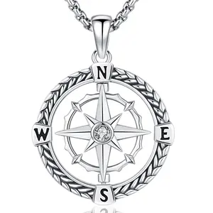 Bernashen S925 Sterling Silver Compass Necklace Sterling Silver Men's Compass Pendant For Father's Day Graduation Gift Amulet Jewelry For Men Women