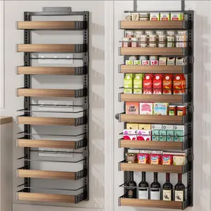 8 Tier Over The Door Pantry Organizer, 2 IN 1 Wall Mount or Hanging Spice Rack Seasoning Shelves with Adjustable Basket, Back of Door Organizer and Storage for Kitchen Cabinet and Room Closet