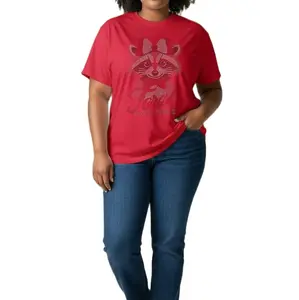 Rhinestone Feral Raccoon T-Shirt - Red Crew Neck Short Sleeve with Rhinestone Design, Casual Style for Everyday Wear