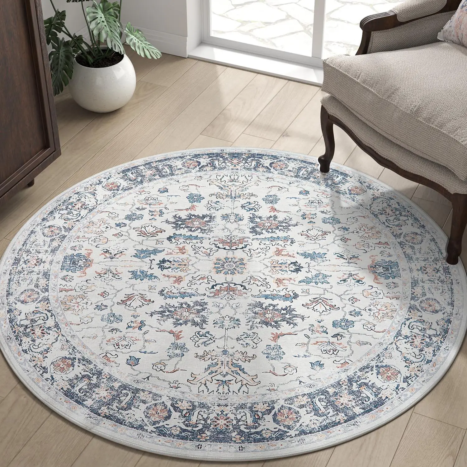 jinchan Round Rug Washable Rug Area Rug Indoor Vintage Rug Floor Cover Chenille Circle Rug Accent Rug Non Slip Kitchen Living Room Bedroom Dining Room