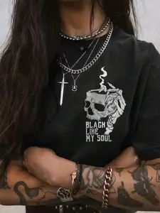 Women's Cartoon Skull & Letter Print Round Neck Tee, Fashion Casual Streetwear Halloween Themed Drop Shoulder Short Sleeve T-shirt for Daily Holiday Vacation Outdoor Wear, Ladies Clothes for All Seasons