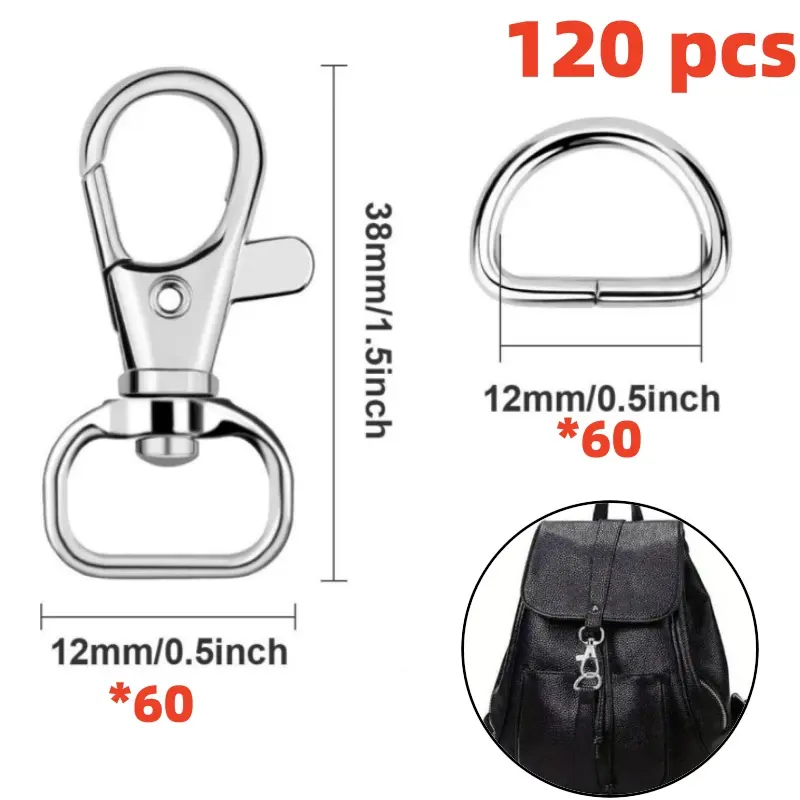Durable Zinc Alloy Sewing Keychain Accessories Set (120 Pcs) - 60 Swivel Hooks, 60 Rotating D-Ring Shape Clips (12 mm/0.5" & 38 mm/1.5") for DIY Crafts, Snap Hook
