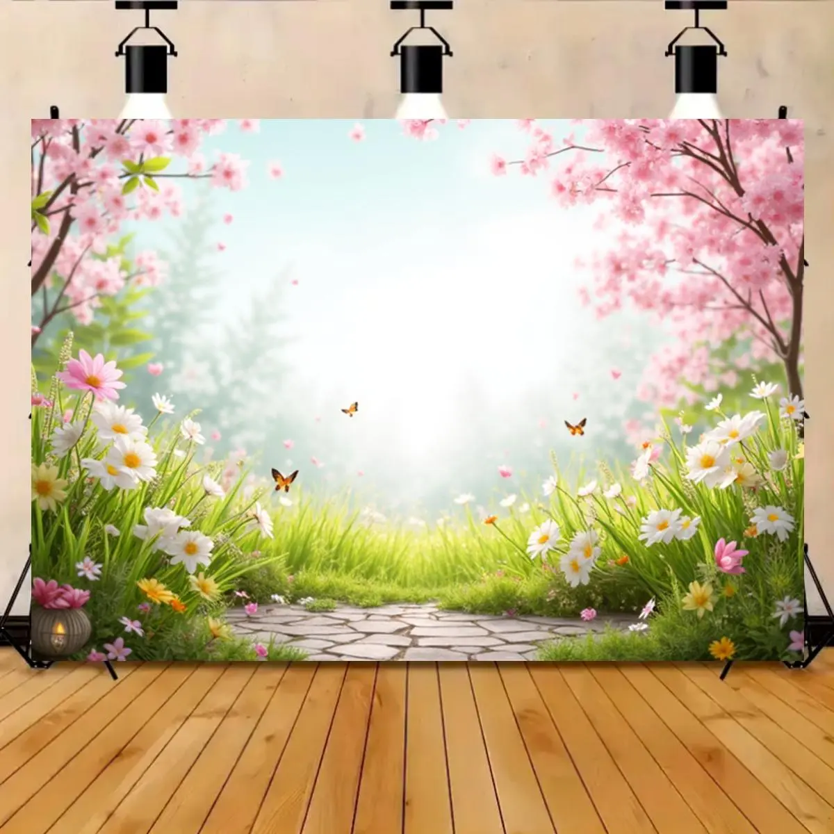 Cherry Blossom & Daisy Pattern Backdrop, 1 Count Flower Pattern Backdrop, Props Background Cloth, Wedding Decoration Supplies, Banners