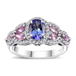 Tanzanite, Pink Sapphire & Zircon Halo Ring In Rhodium over Sterling Silver 1.85ctw