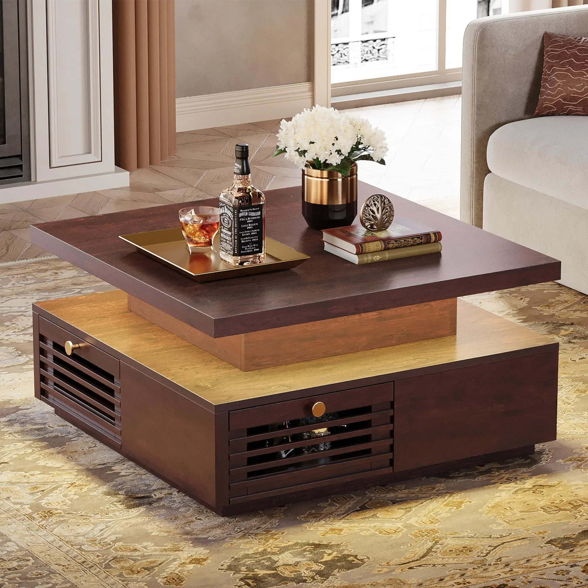 IRONCK Square Shape Coffee Table with LED Light, Charging Station and 4 Grille-Design Storage Drawers, Functional Coffee Table for Living Room, Office, Coffee Tables