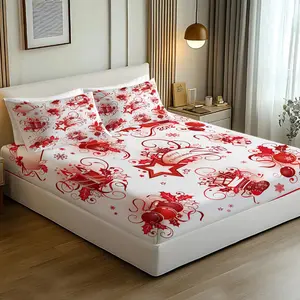 3Pcs Festive Christmas Fitted Sheet Set, Whimsical Santa Claus & Holiday Motifs Print, Durable and Cozy Fabric, Ideal for Holiday Bedroom Décor & Memorable Christmas Gifts, Add Cheer to Your Home!, No Pillow Core