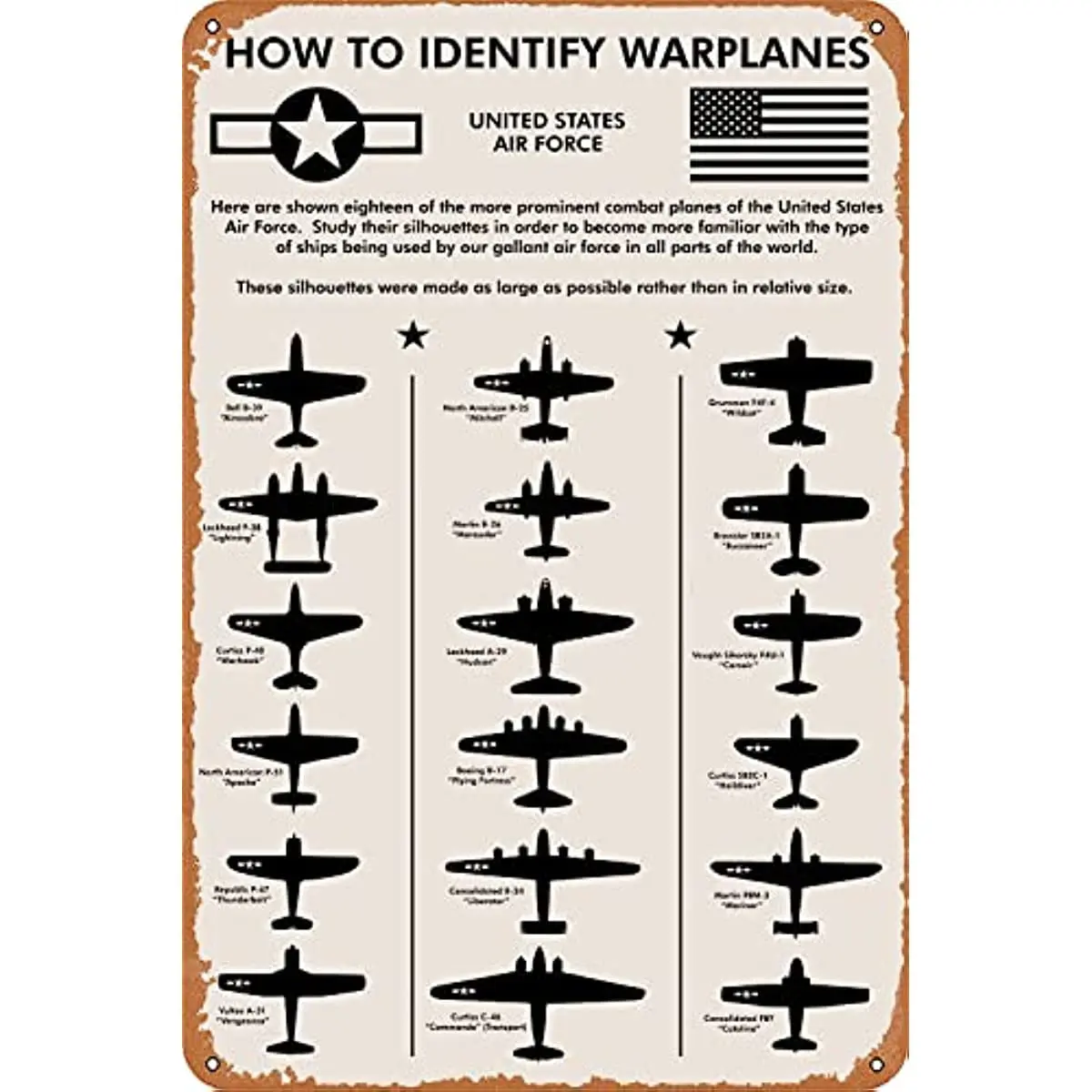 WWII Warplanes Identification Decorative Eco-Friendly Metal Aluminum Sign - 12x8 inches, Rounded Edges, Home Decor Wall Decoration, Bar Decor, Gift for Men, Boss, Colleague