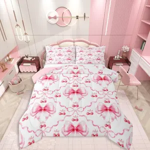 Feelyou Pink Bow Microfiber Bedding Set - Kawaii Watercolor Bows Quilt, Multi-Size Polyester Fiber U-Stitching Comforter Set, Breathable Soft Blanket for Girls, Travel-Friendly Princess-Style Bedding