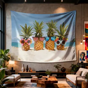 pineapples with Glasses on beach sand Digital printing polyester wall tapestry suitable for use in living rooms bedrooms offices bars party