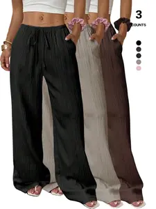 Women's Textured Wide Leg Pants, High Waist Drawstring Design, Spring & Fall Fitted Style, Solid Color, Ideal for Daily Wear