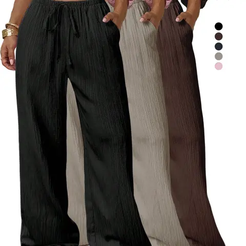 Women's Solid Color Textured High-Waisted Adjustable Drawstring Wide-Leg Pants, Casual Trousers, Spring Casual Style for Daily Wear