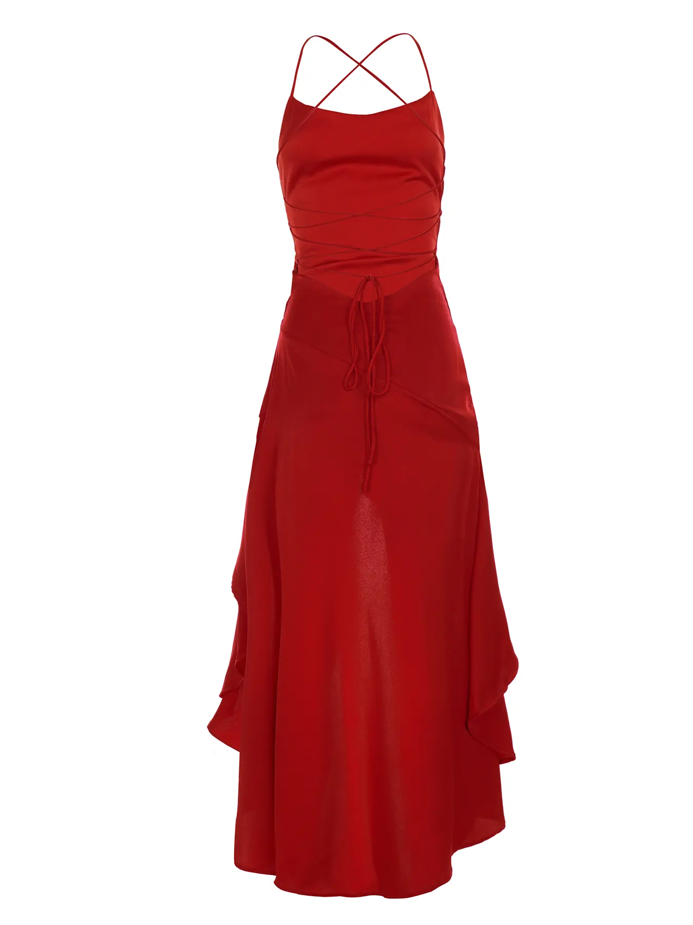 Women's Sexy High Slit Ruffle Hem Satin Strap Red Long Dress, Tie Back Large Backless Design Square Neck Slim Fit Bodycon Formal Party Gown, Elegant Chic Fashionable Evening Dress - TikTok Shop Women's Sexy High Slit Ruffle Hem Satin Strap Red Long Dress, Tie Back Large Backless Design Square Neck Slim Fit Bodycon Formal Party Gown, Elegant Chic Fashionable Evening Dress - TikTok Shop