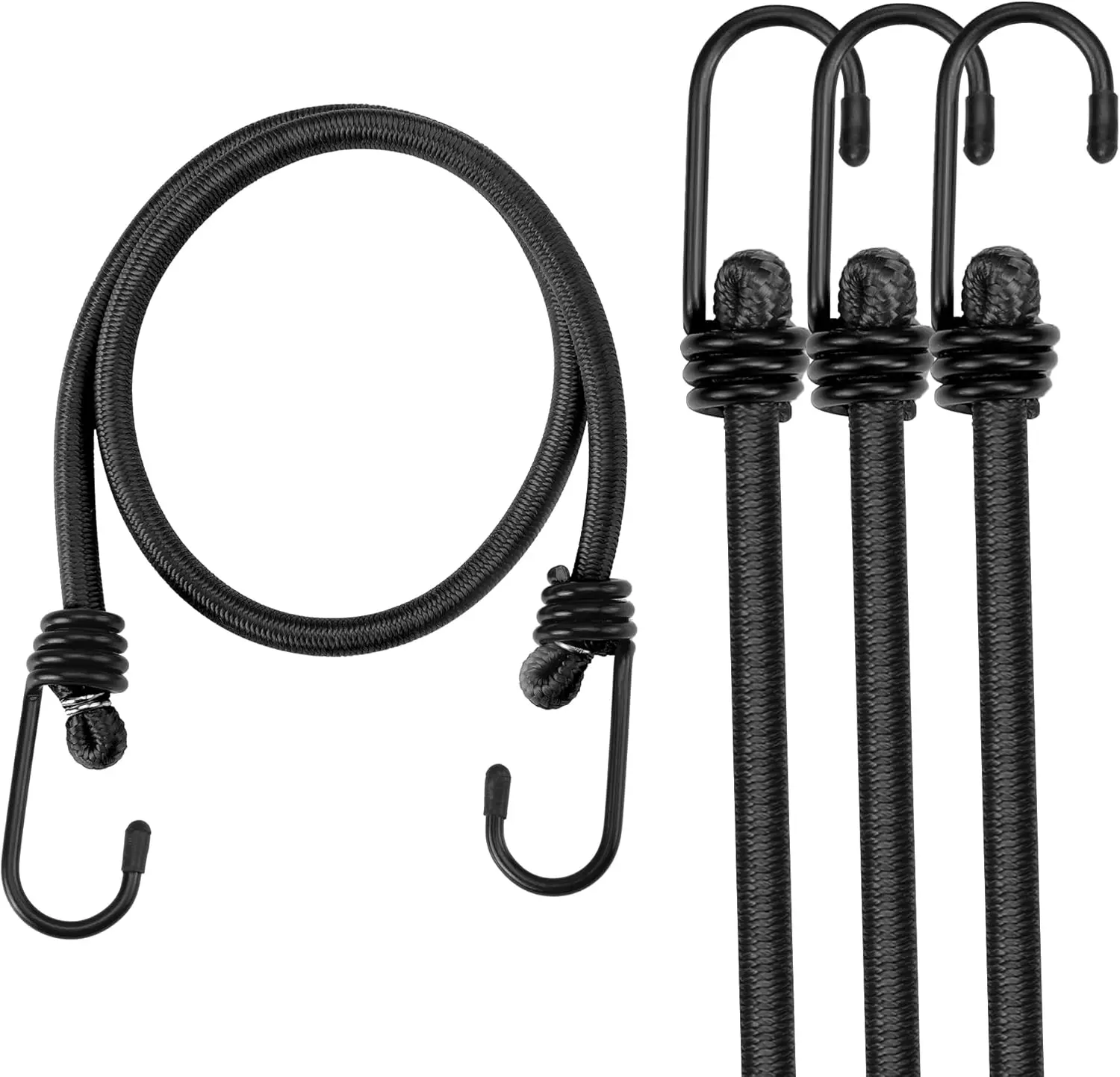 High-Quality Black Latex Braided Bungee Cords, 24in 4-Pack Elastic Straps with No Odour, Industrial Rope for Tarps, Luggage, Tents