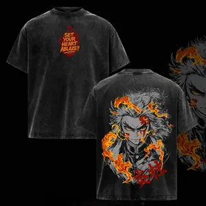 Retro Washed Flame Hashira Mugen Train Anime Printed Short Sleeve, Kyojuro Rengoku Commemorative T-Shirt, Fiery & Passionate Manga Graphic Design, Loose Streetwear Style, Unisex Casual Outfits, Trendy Gifts for Demon Slayer Fans