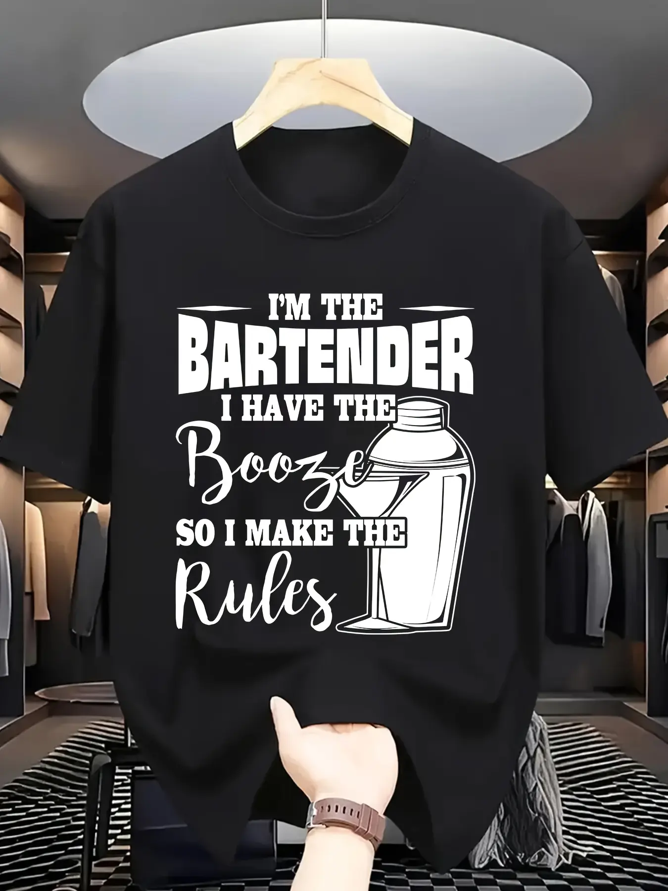 Men's fun bartender T-shirt-I am a bartender design-light and breathable crew neck jacket, suitable for bartenders and parties-machine washable casual style-beige crew neck short-sleeved shirt, humorous printing, comfortable version, party must-have