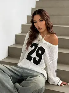 Fashion Street Hollow Out Loose Cover-Up, Sporty Athletic V-Neck Long Sleeve Knit Top With Number 29, Casual Spring & Fall Wear