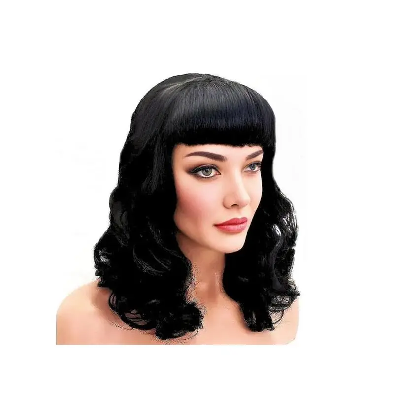 Black Pin-up Burlesque Wig 20” Black Synthetic Wig with Long Curls, Bangs Included