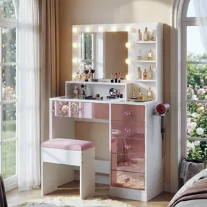 Aobtkel®Vanity Desk with Glass Top and 11 Hollywood Bulbs, 3 Color Lighting Modes, Makeup Vanity with Pink Finish Drawers & Shelves, White Vanity Table with Stool for Bedroom#Summervibes