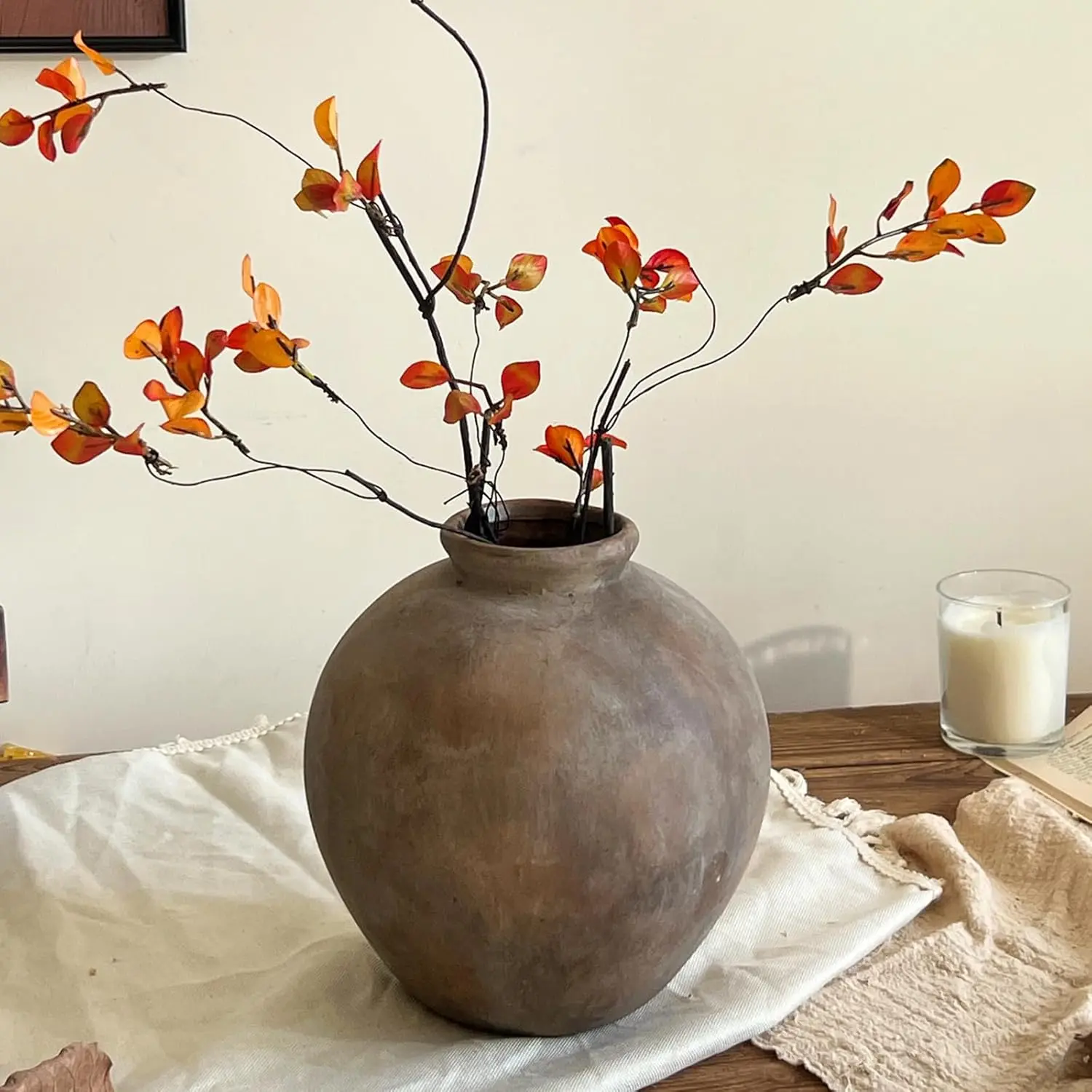 Rustic Ceramic Vase, 7.87 Inch Brown Farmhouse Flower Vases for Home Decor, Handmade Pottery Vase for Centerpieces & Table Decorations, Living Room & Entryway Decor