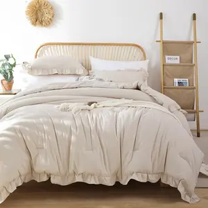 Beige Comforter Set King – Soft Microfiber, Lightweight All Season Bedding, Ruffle, Breathable Set with 2 Pillow Shams, Machine Washable